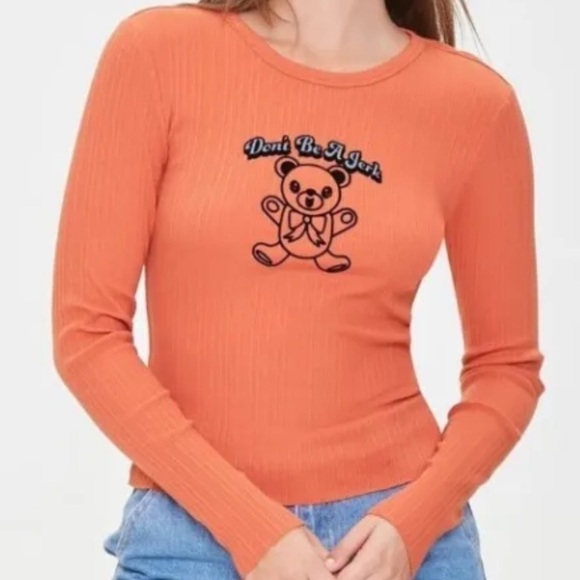 FOREVER21 Orange Don’t be a jerk ribbed long sleeve top tee fitted Large - Picture 1 of 5